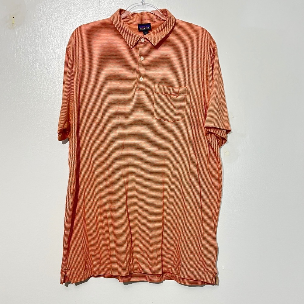 Patagonia Polo‎ Shirt Mens XXL Orange Striped Organic Cotton Short Sleeve Pocket